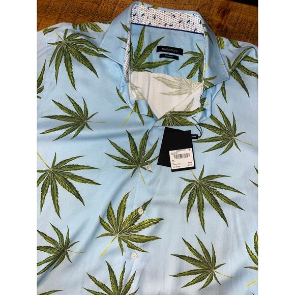 NWT Mens Bugatchi Blue Green Leaf Tropical Print Long Sleeve Button Down Size XL - Picture 9 of 10